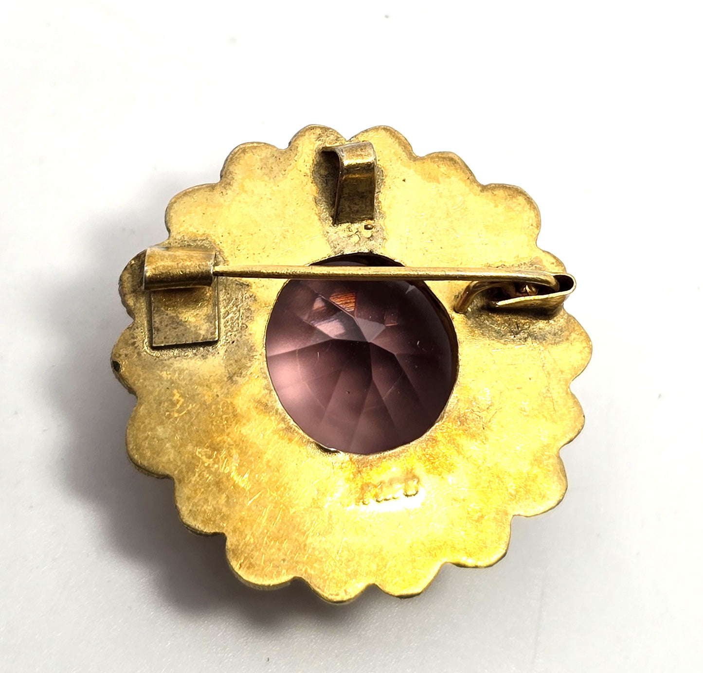 Art Deco Large Purple amethyst glass paste brass framed antique brooch