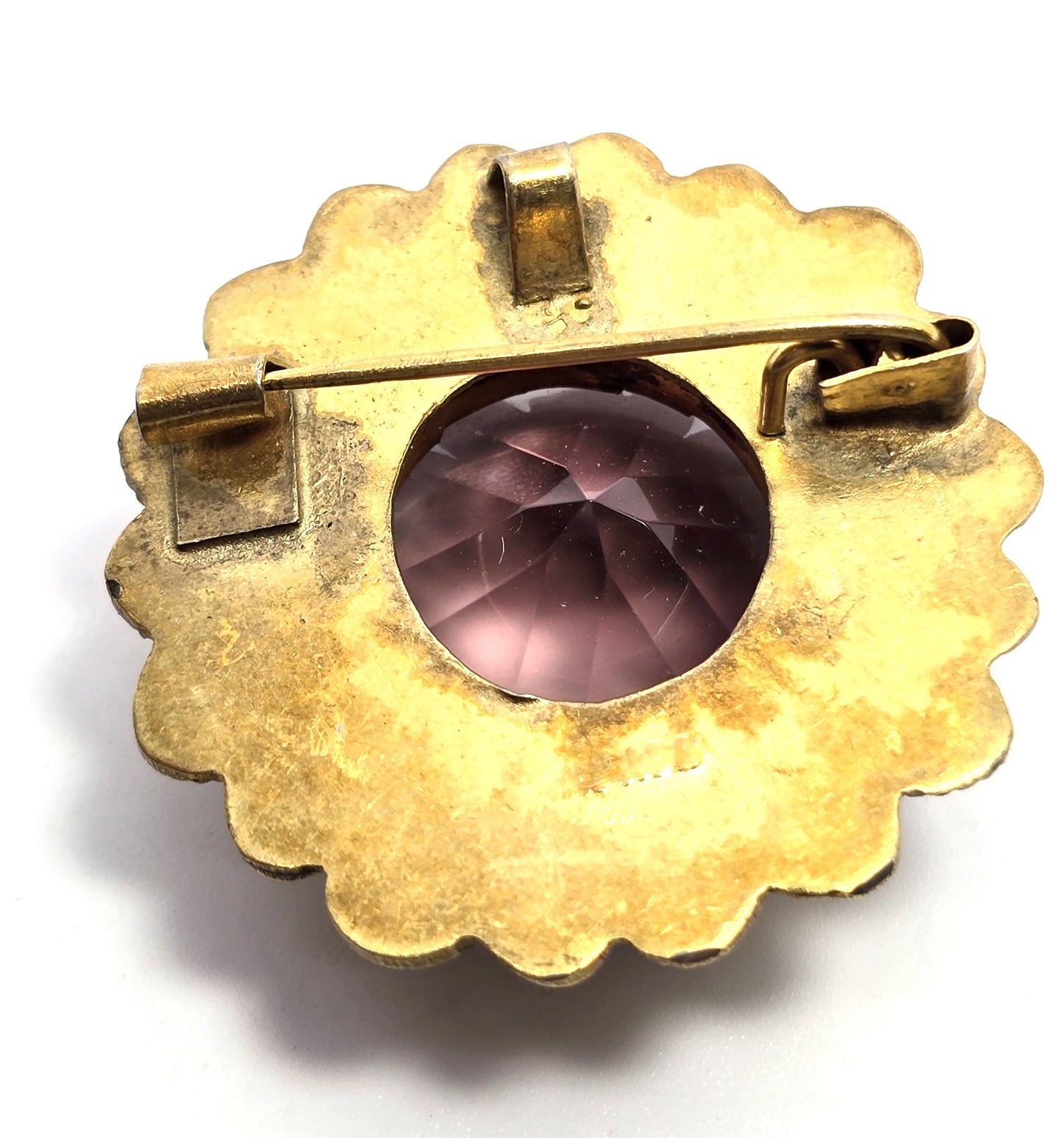 Art Deco Large Purple amethyst glass paste brass framed antique brooch