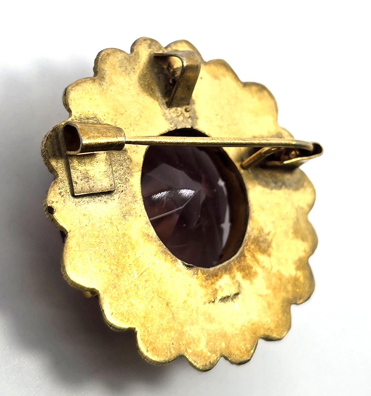 Art Deco Large Purple amethyst glass paste brass framed antique brooch