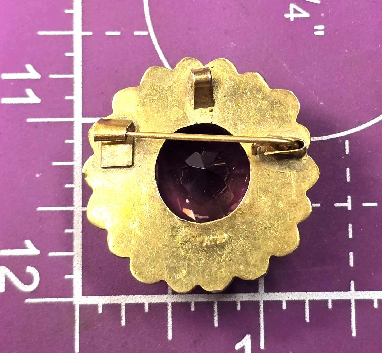 Art Deco Large Purple amethyst glass paste brass framed antique brooch