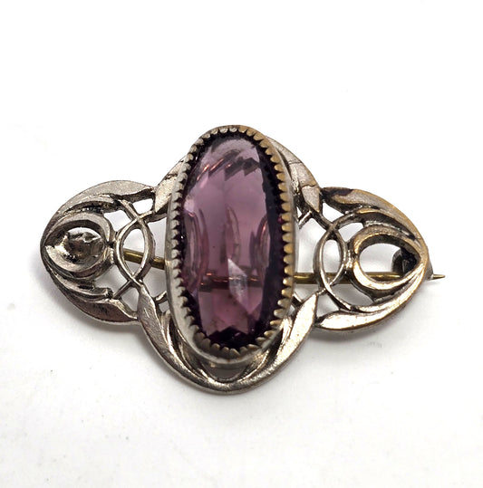 Art Deco Purple paste glass open work cartouche antique brooch