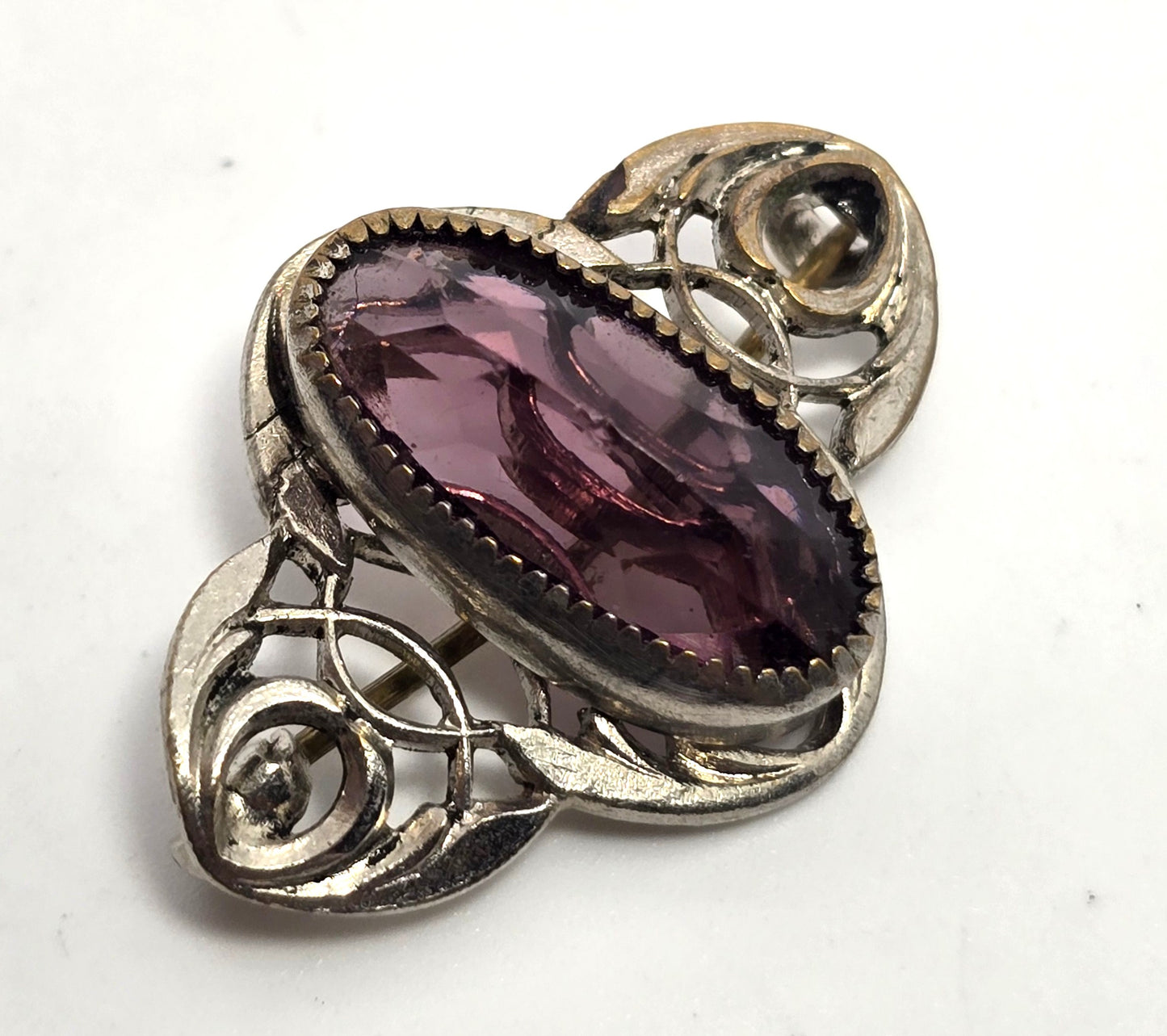 Art Deco Purple paste glass open work cartouche antique brooch