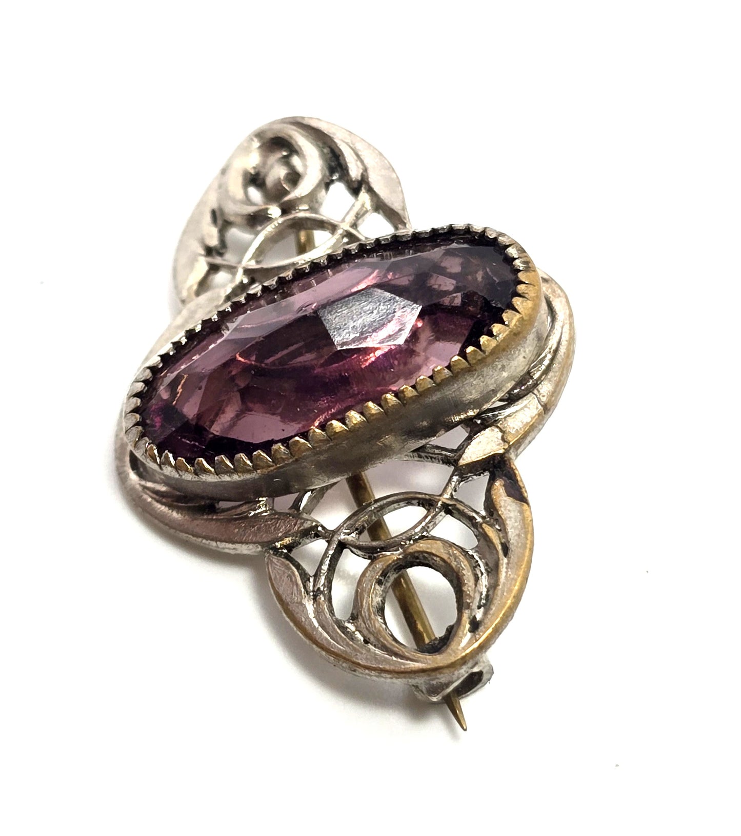 Art Deco Purple paste glass open work cartouche antique brooch