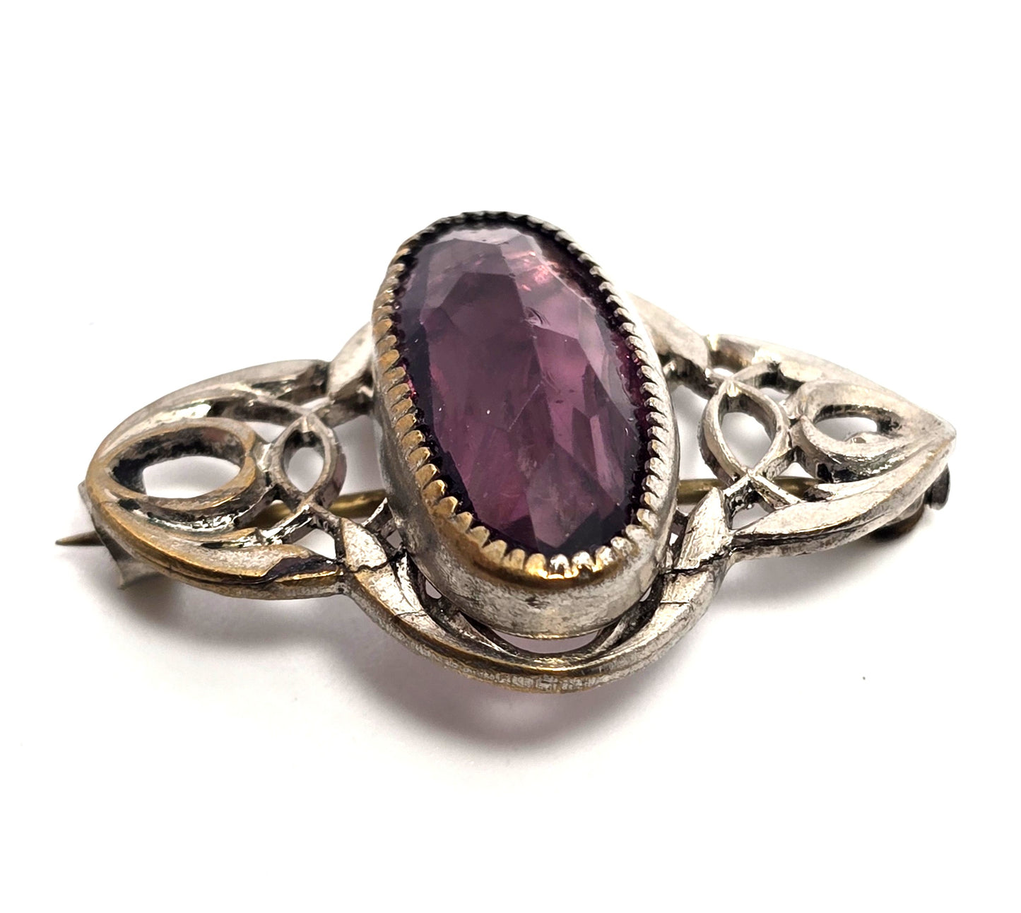 Art Deco Purple paste glass open work cartouche antique brooch