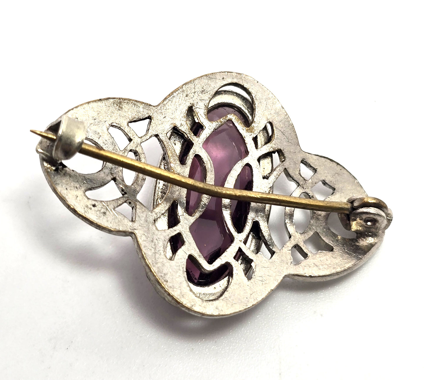 Art Deco Purple paste glass open work cartouche antique brooch