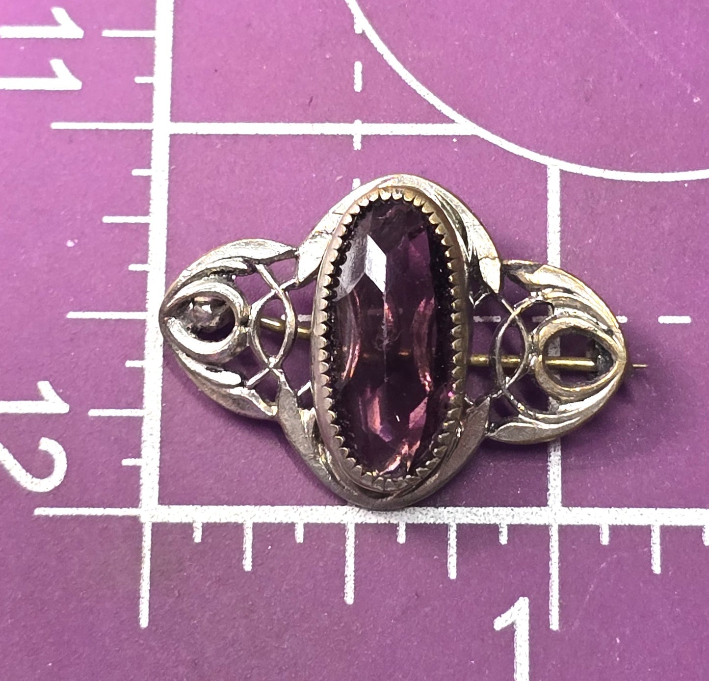Art Deco Purple paste glass open work cartouche antique brooch