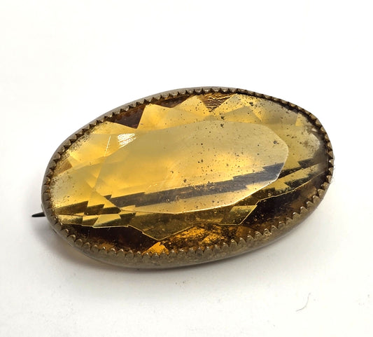Victorian Citrine faceted Czech glass paste antique brass openwork brooch pin