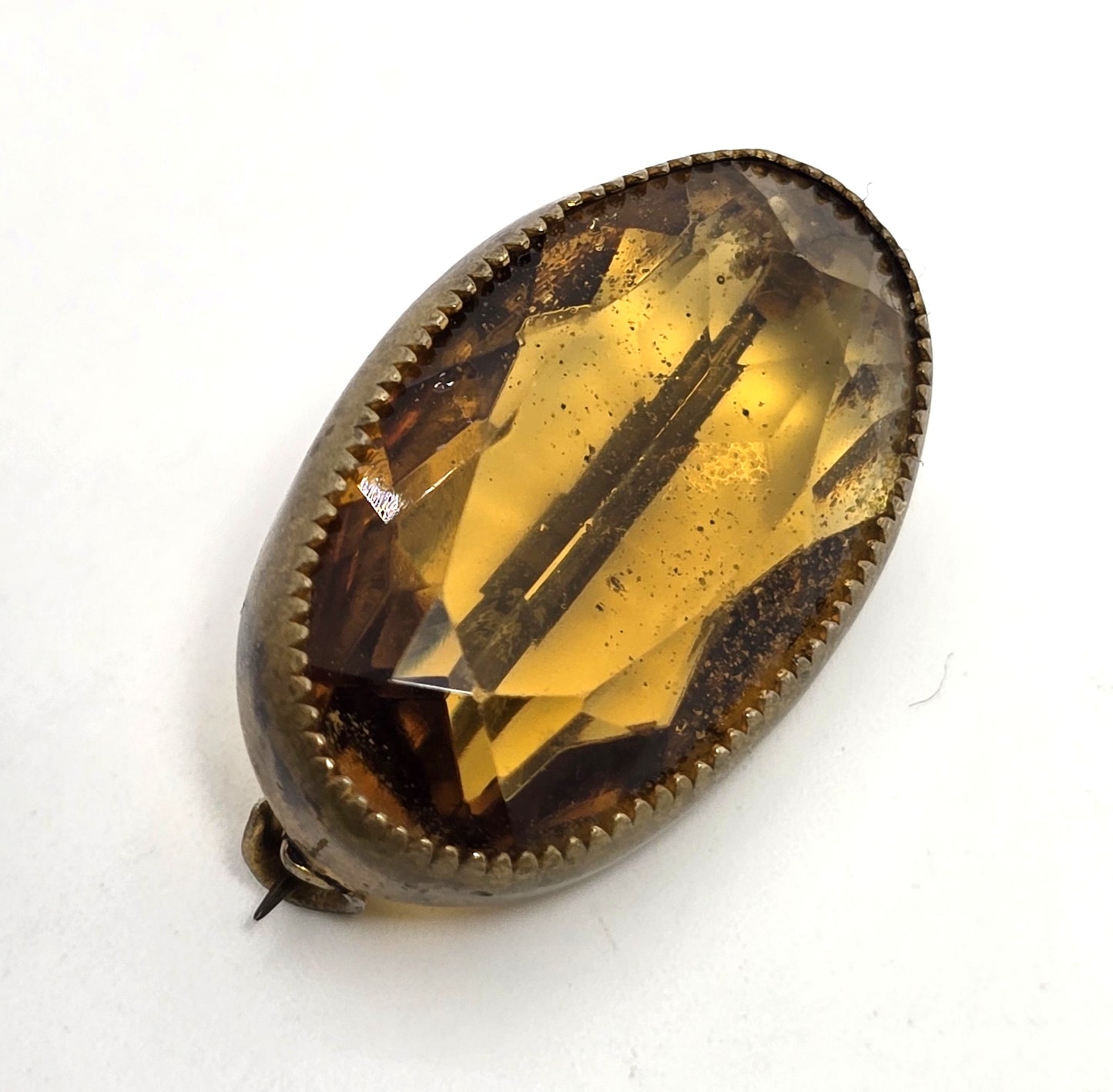 Victorian Citrine faceted Czech glass paste antique brass openwork brooch pin
