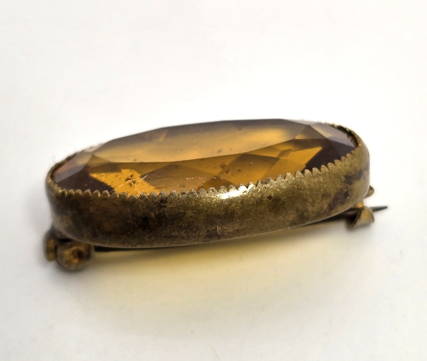 Victorian Citrine faceted Czech glass paste antique brass openwork brooch pin