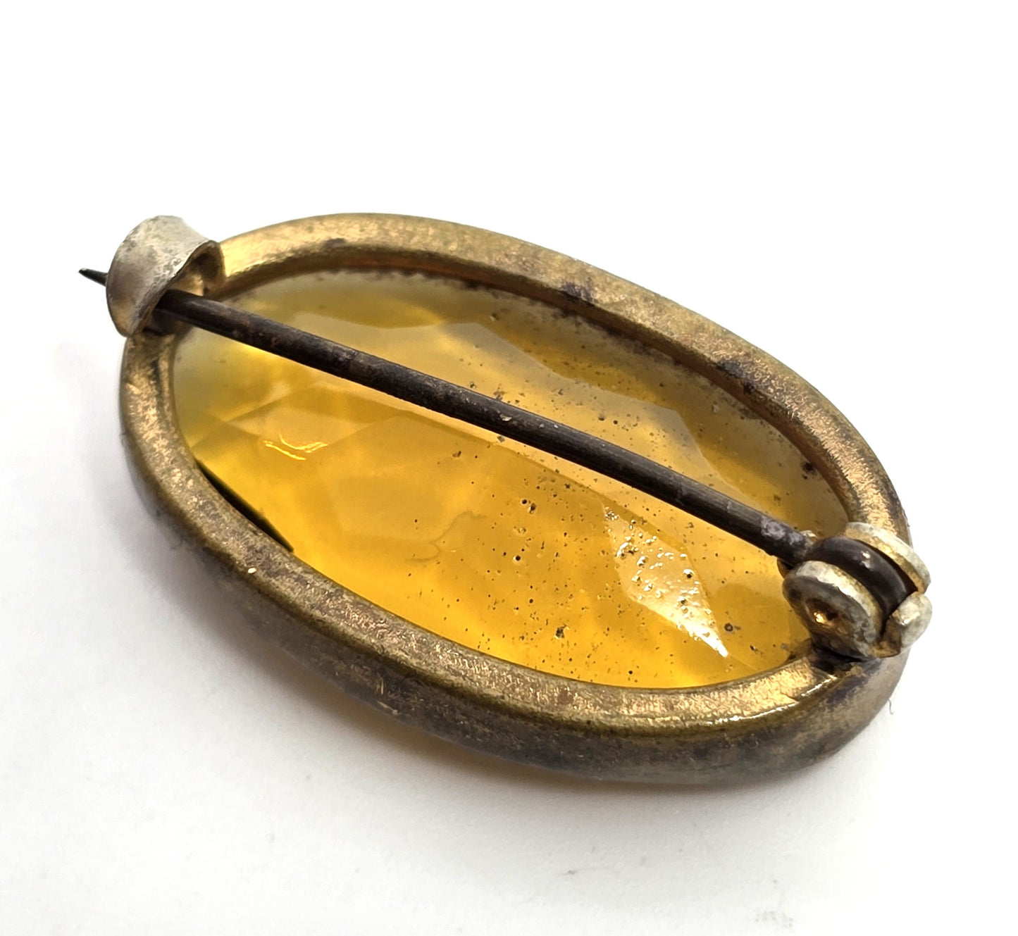 Victorian Citrine faceted Czech glass paste antique brass openwork brooch pin