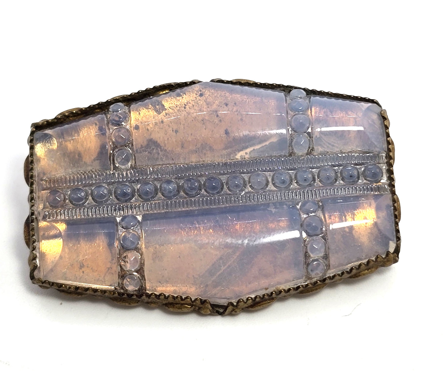 Antique Opalite pressed glass bezel set antique brass Victorian brooch