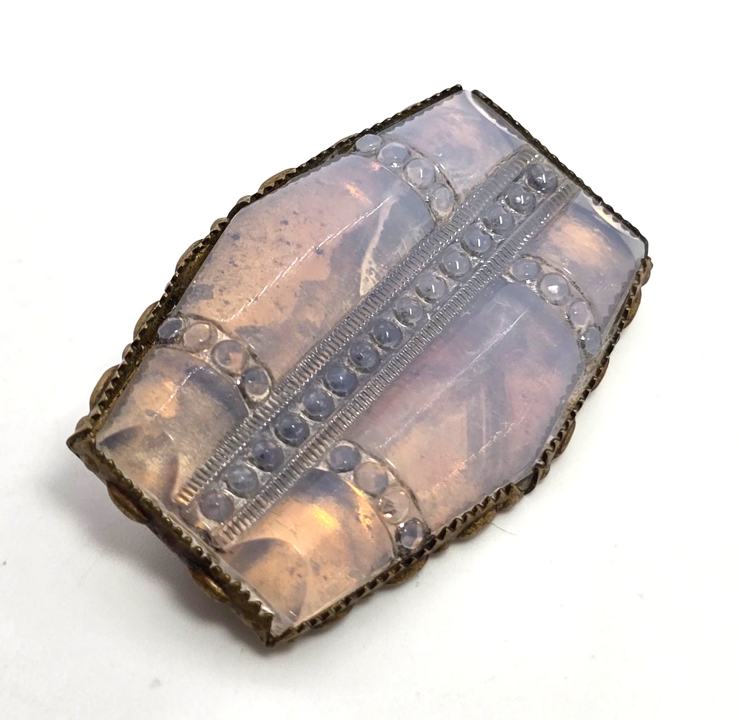 Antique Opalite pressed glass bezel set antique brass Victorian brooch