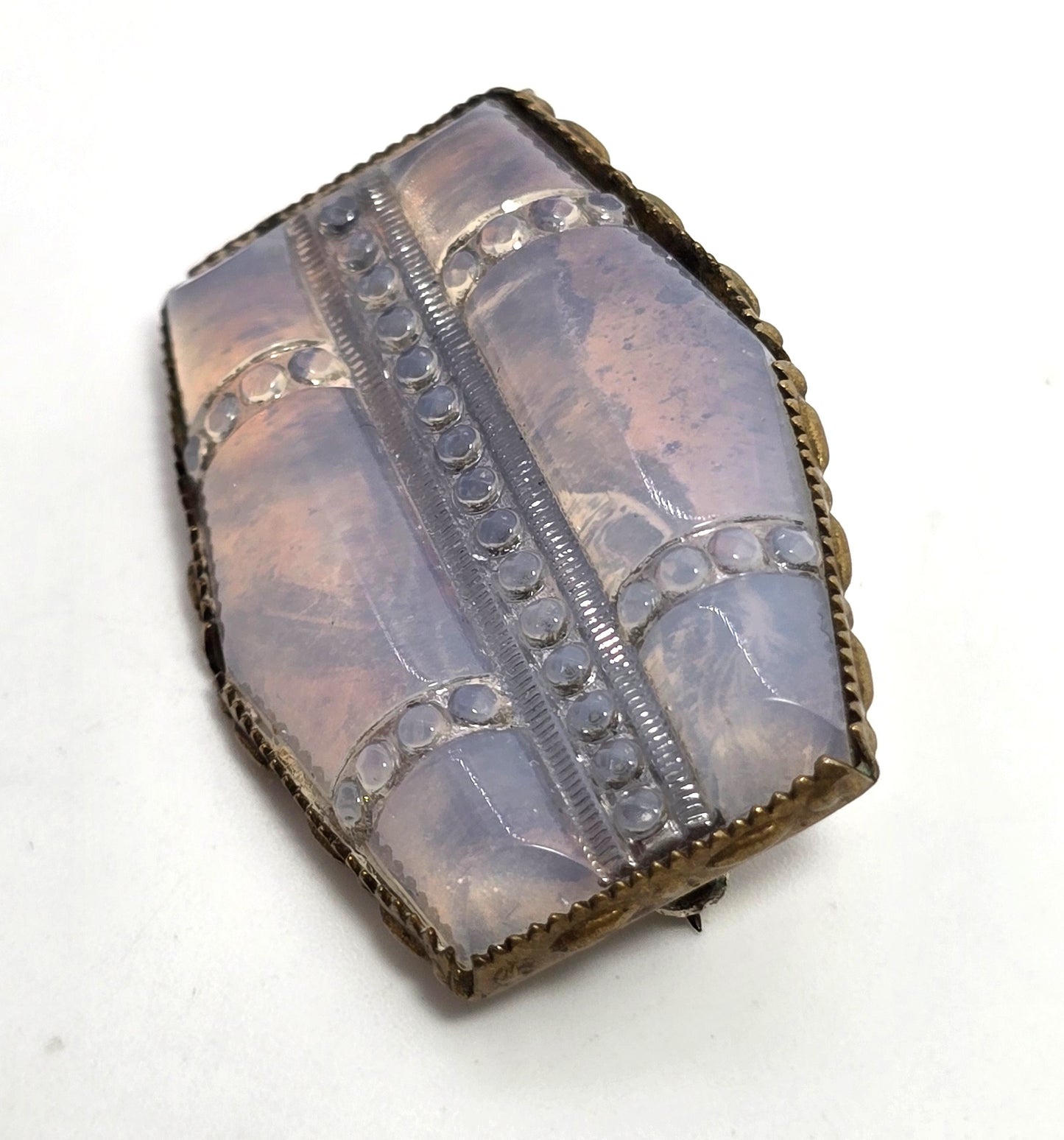 Antique Opalite pressed glass bezel set antique brass Victorian brooch