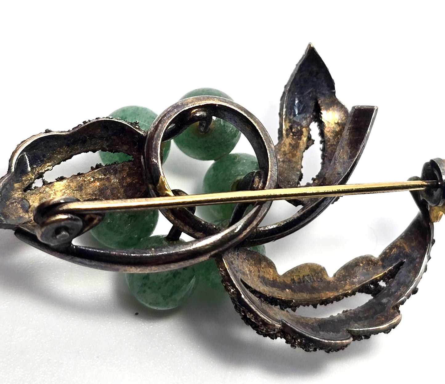 Nephrite Jade beaded flower Chinese Export antique sterling silver brooch