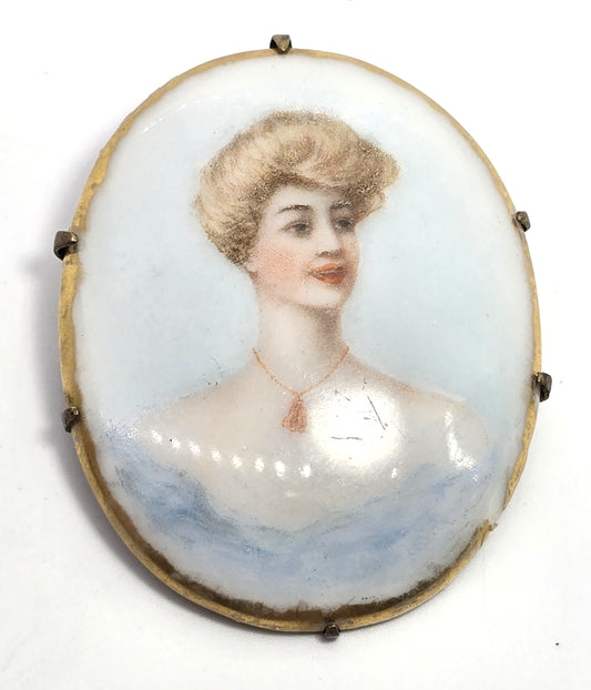 Blue Cameo women Painted Porcelain gold rimmed antique Victorian brooch 1900's