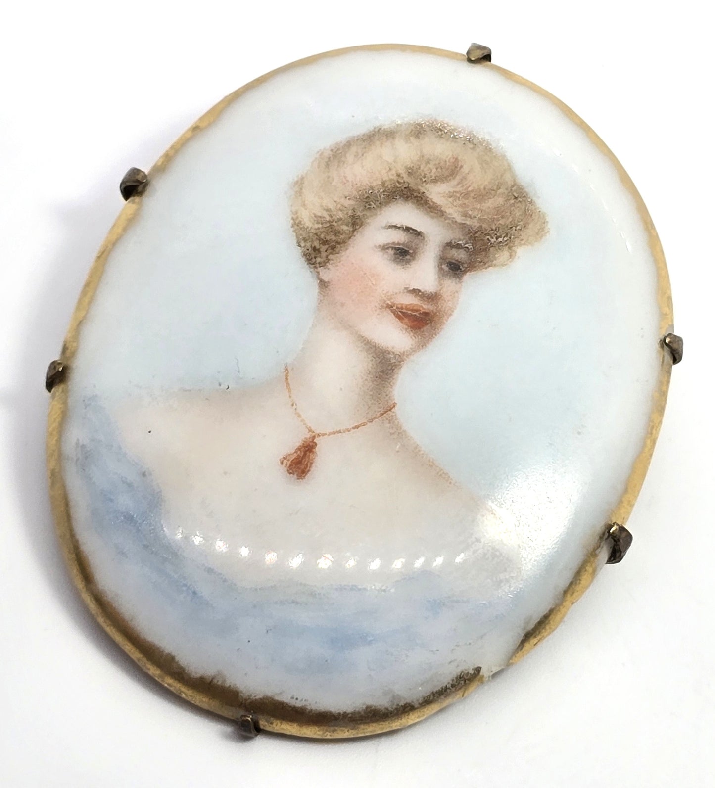 Blue Cameo women Painted Porcelain gold rimmed antique Victorian brooch 1900's