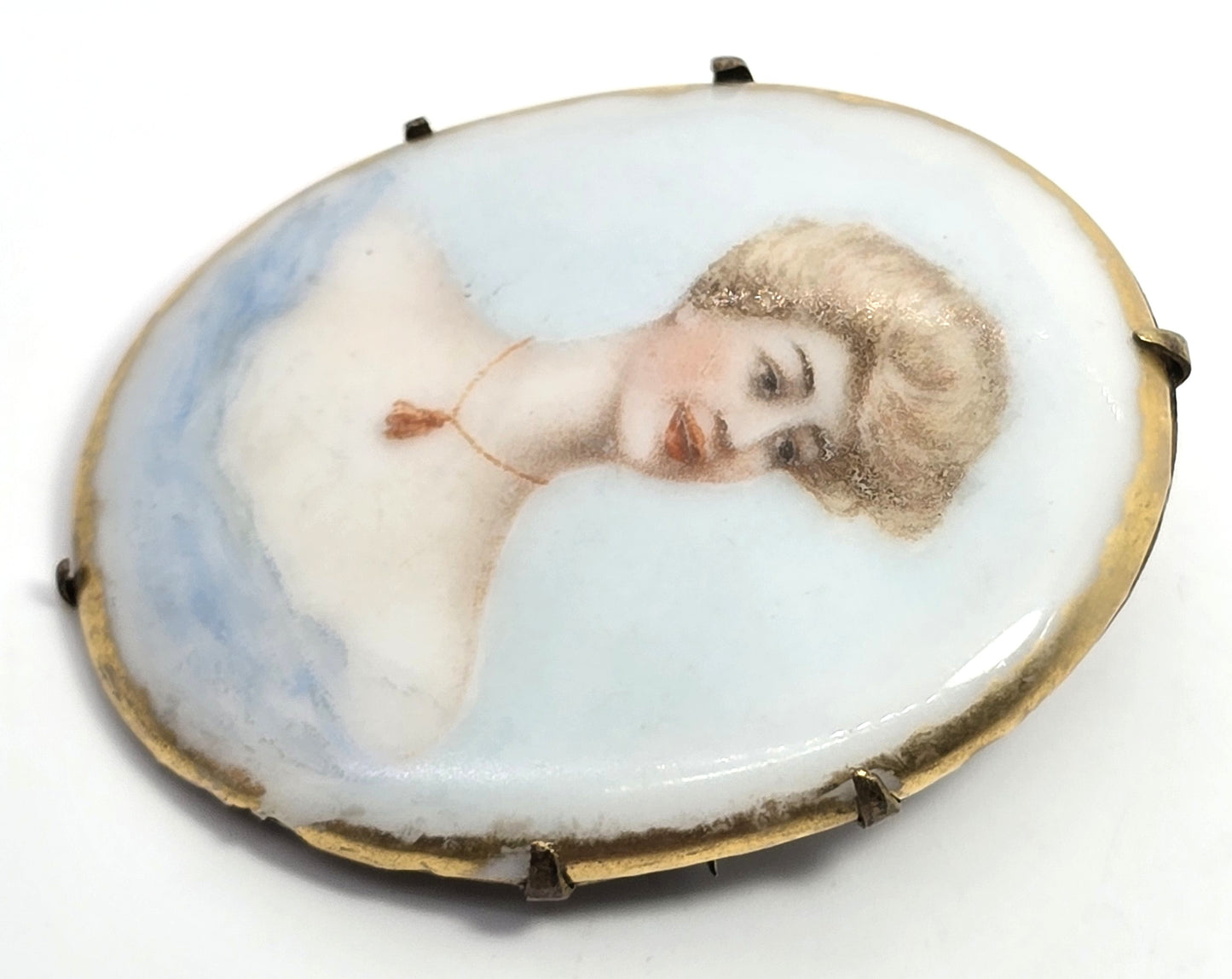 Blue Cameo women Painted Porcelain gold rimmed antique Victorian brooch 1900's