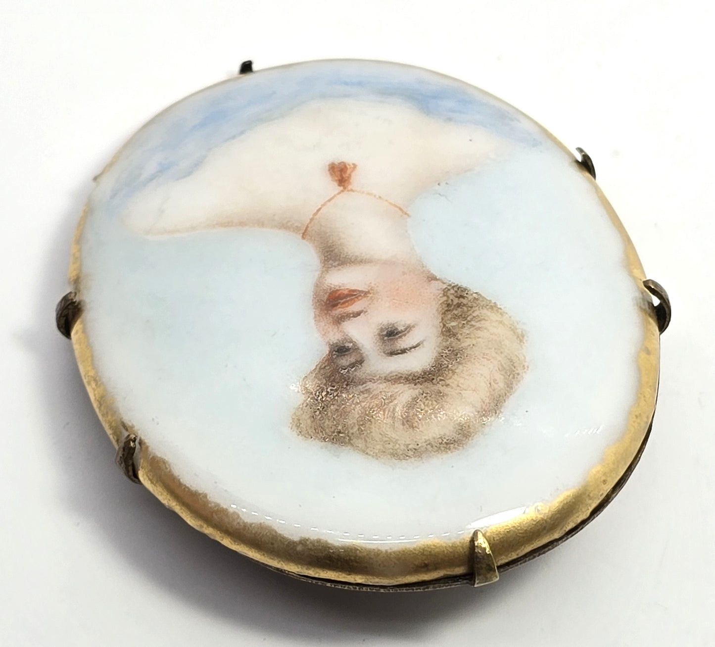 Blue Cameo women Painted Porcelain gold rimmed antique Victorian brooch 1900's
