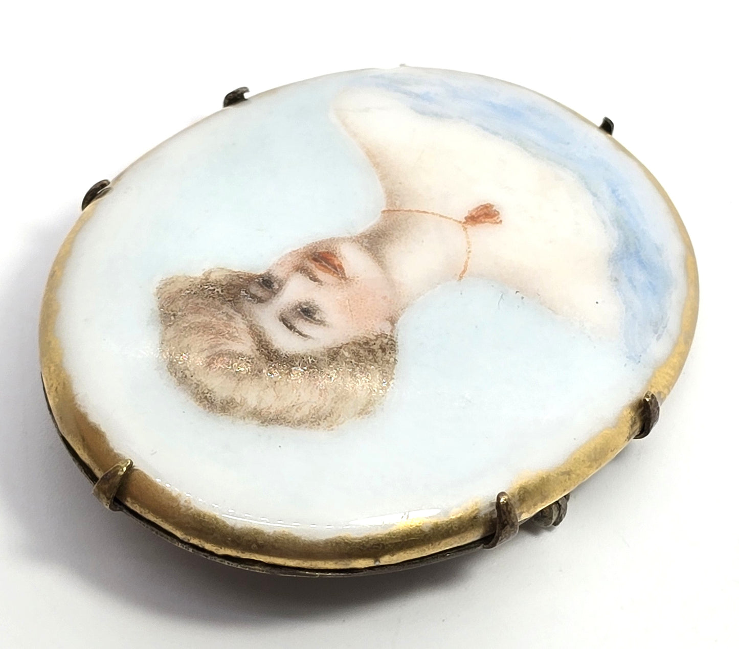 Blue Cameo women Painted Porcelain gold rimmed antique Victorian brooch 1900's