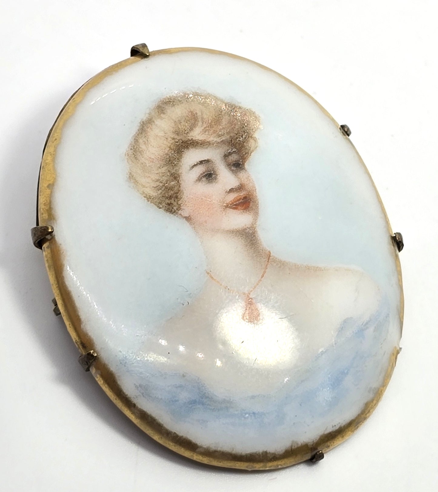 Blue Cameo women Painted Porcelain gold rimmed antique Victorian brooch 1900's
