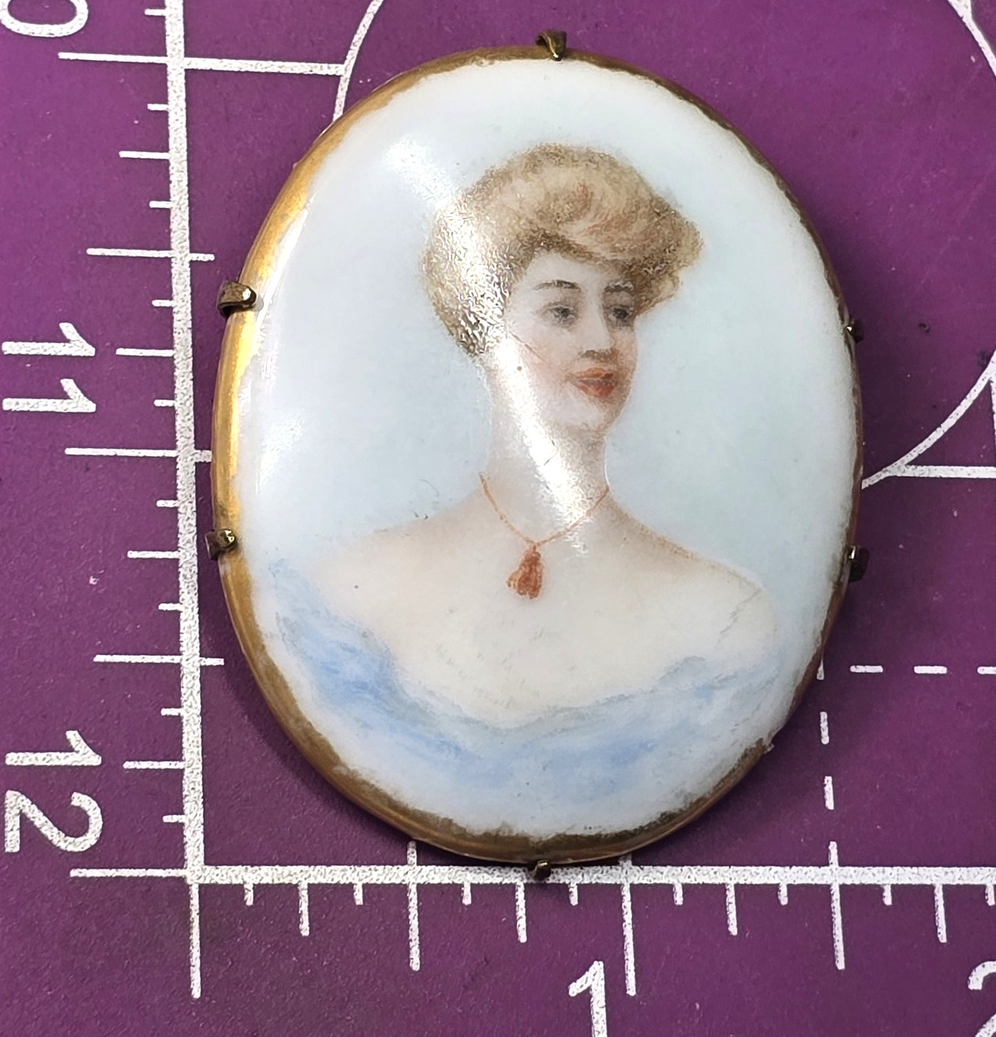 Blue Cameo women Painted Porcelain gold rimmed antique Victorian brooch 1900's
