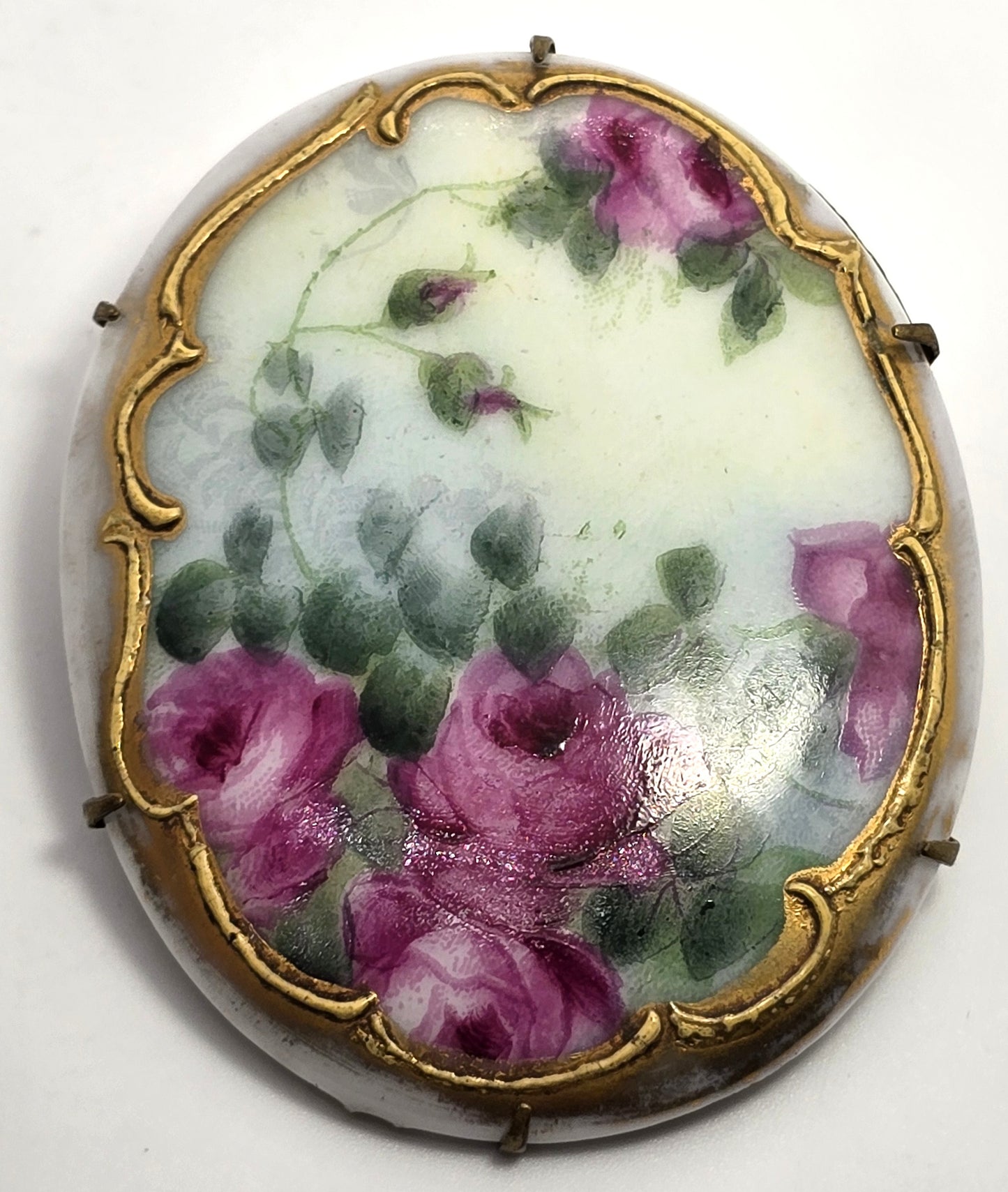 Pink Roses Painted Porcelain gold rimmed antique Victorian brooch 1900's