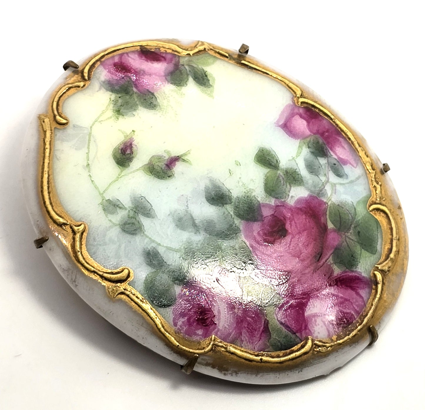 Pink Roses Painted Porcelain gold rimmed antique Victorian brooch 1900's