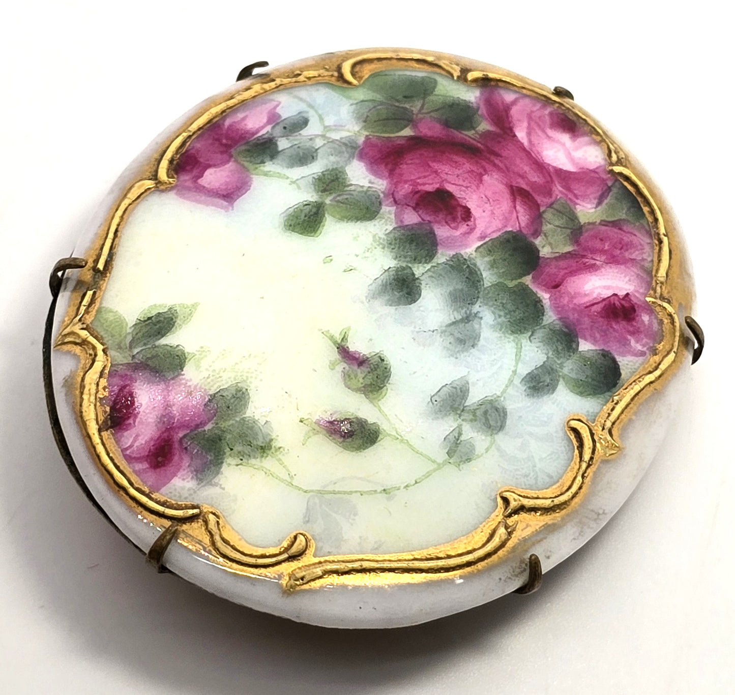 Pink Roses Painted Porcelain gold rimmed antique Victorian brooch 1900's