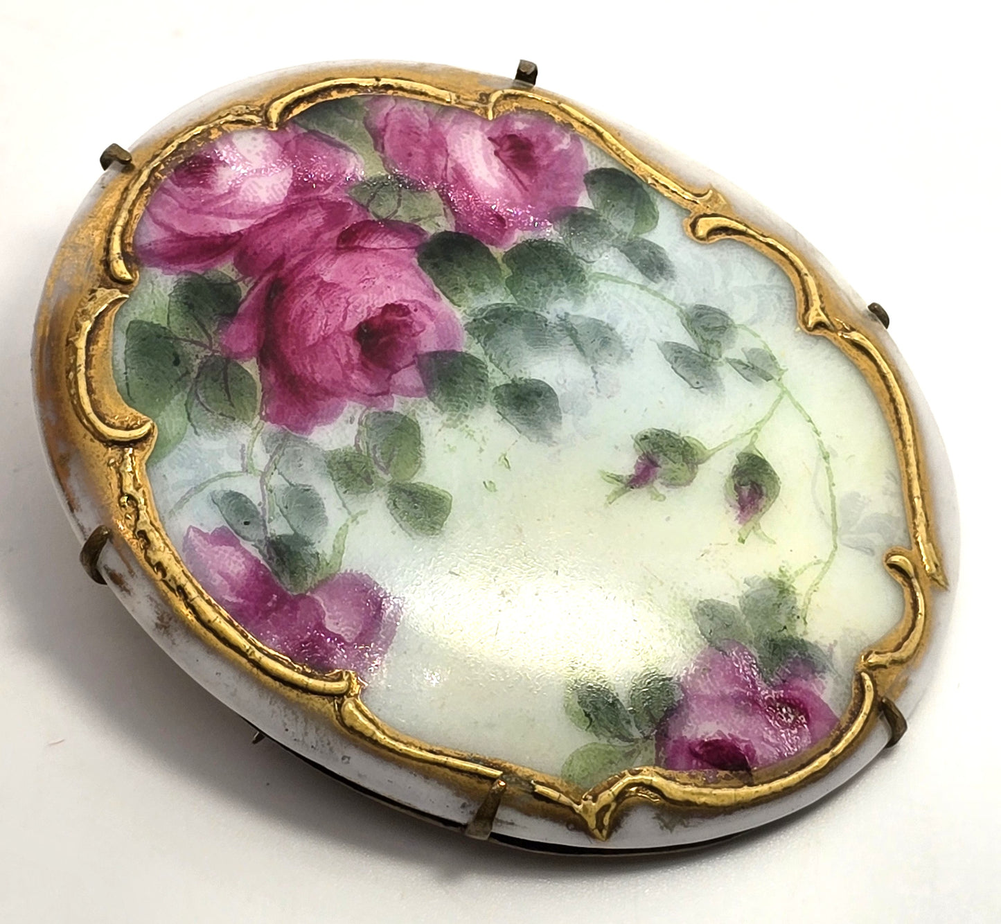 Pink Roses Painted Porcelain gold rimmed antique Victorian brooch 1900's