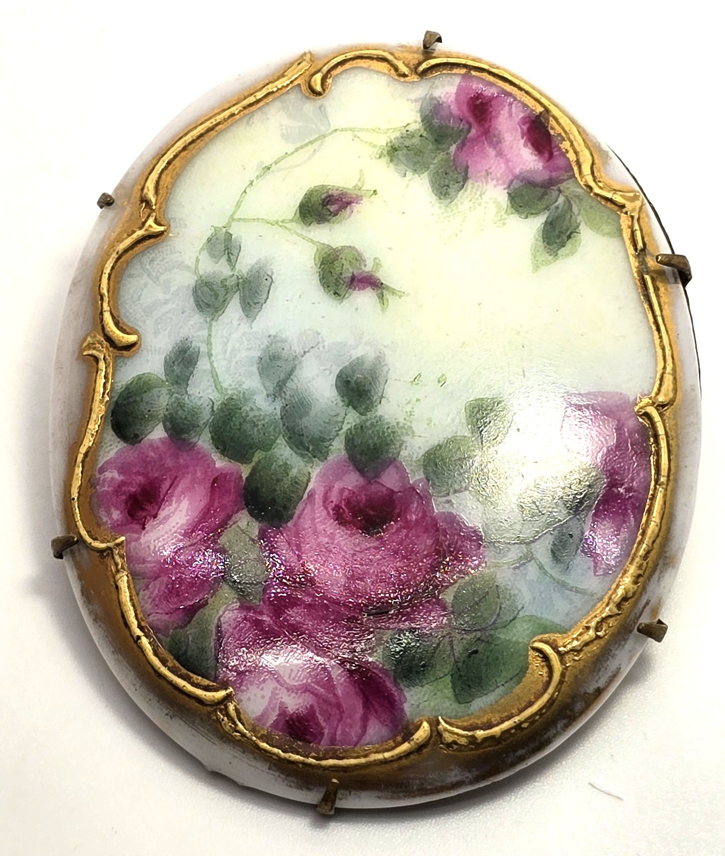 Pink Roses Painted Porcelain gold rimmed antique Victorian brooch 1900's