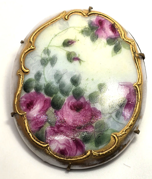 Pink Roses Painted Porcelain gold rimmed antique Victorian brooch 1900's
