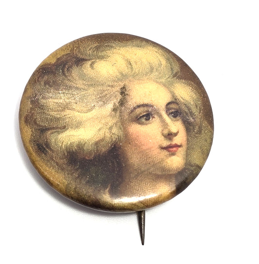 PRETTY LADY white hair Chesterfield Cigarettes 1.25" pinback button 1890's