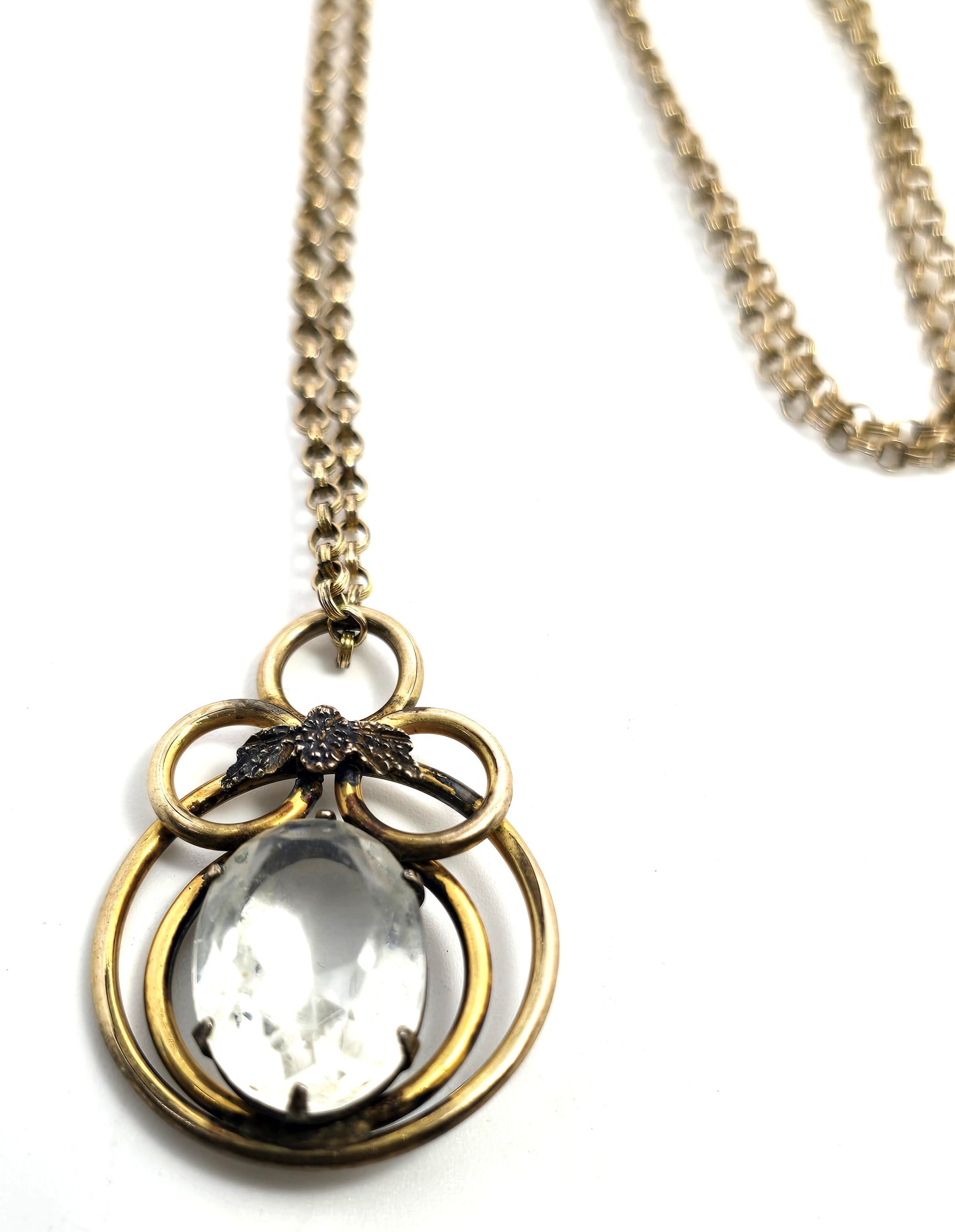 Louis Stern Art Deco 12k Yellow Gold filled clear Paste flowers antique necklace