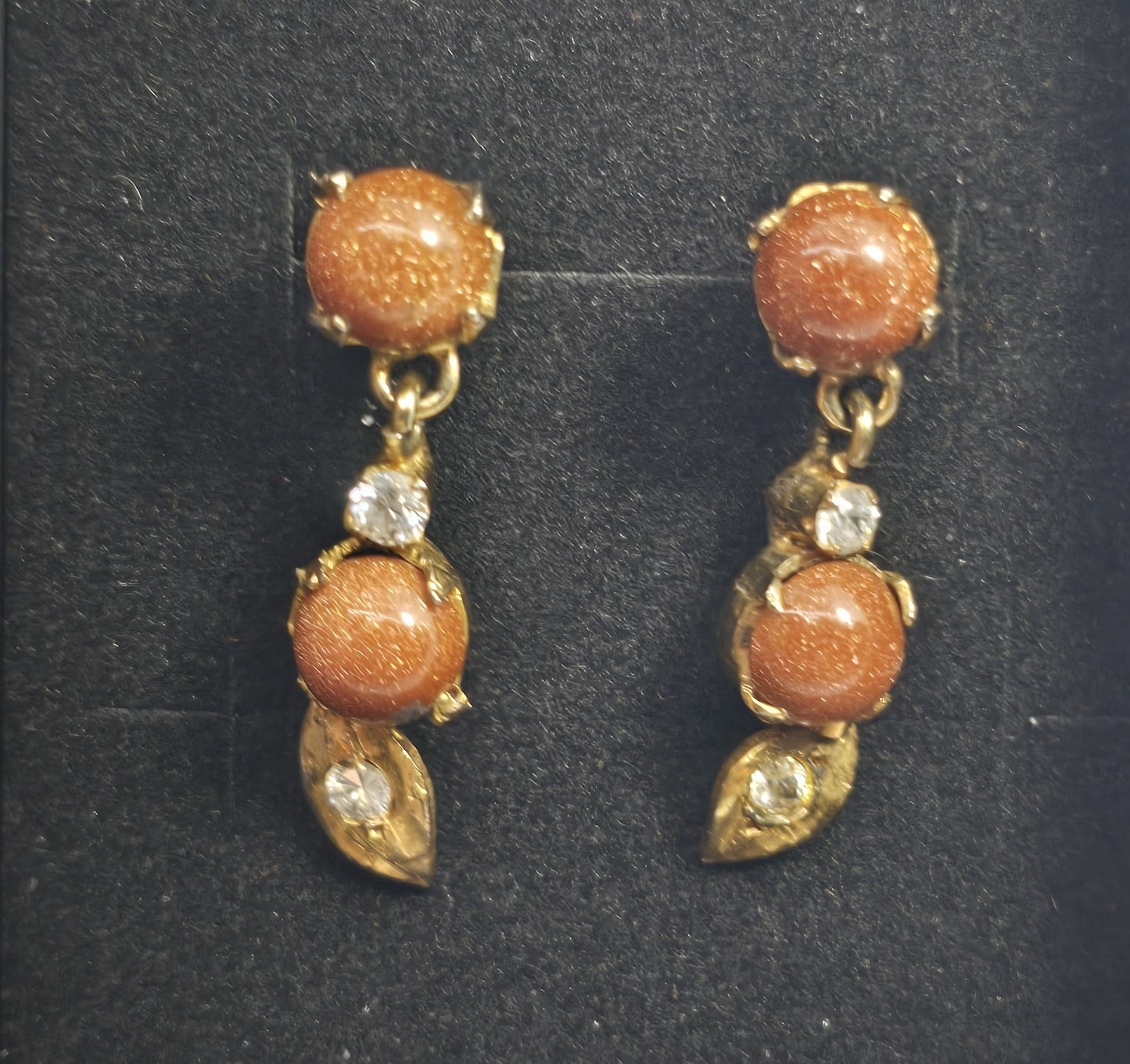 Goldstone yellow gold plated rhinestone drop vintage earrings