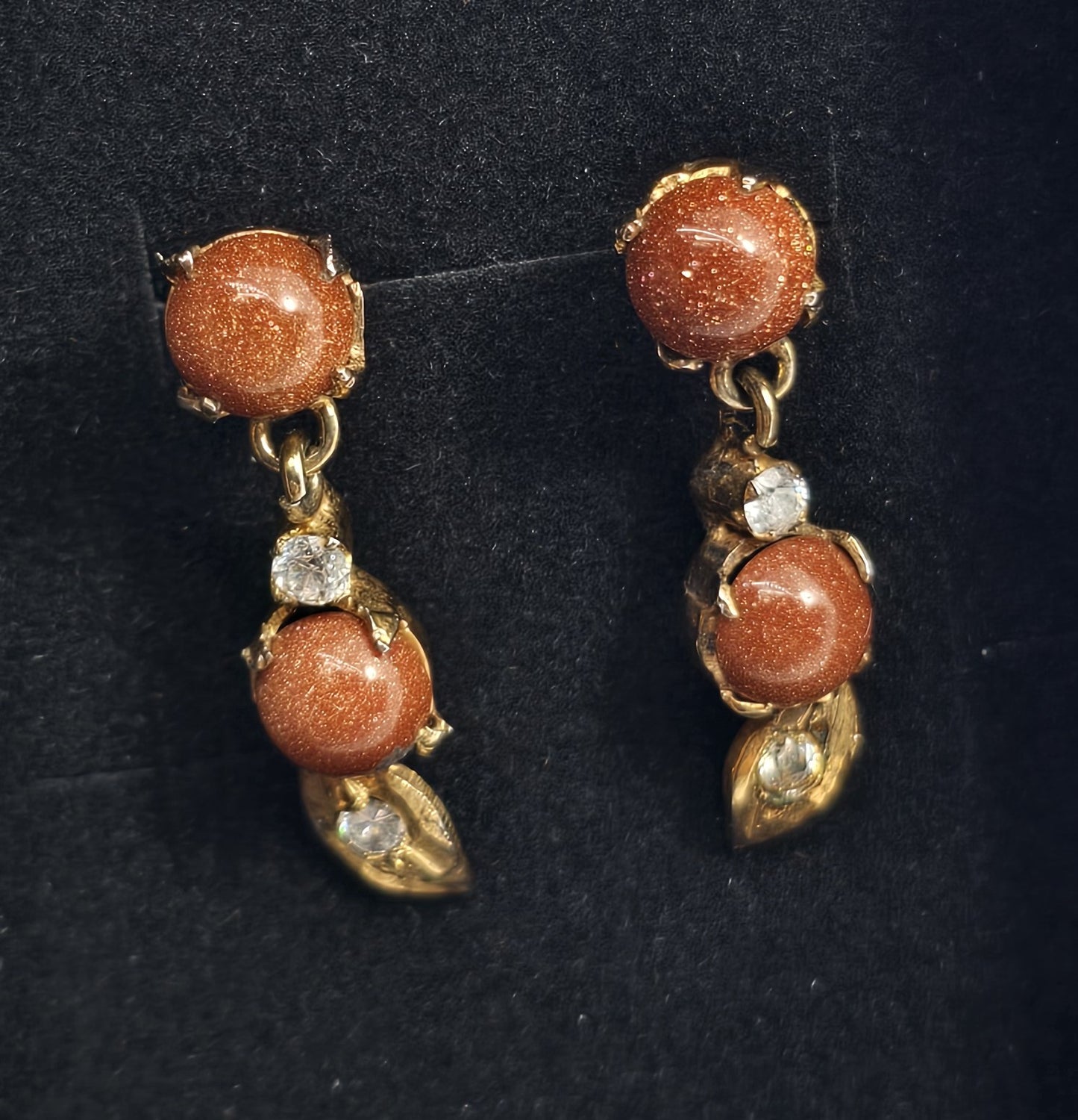 Goldstone yellow gold plated rhinestone drop vintage earrings