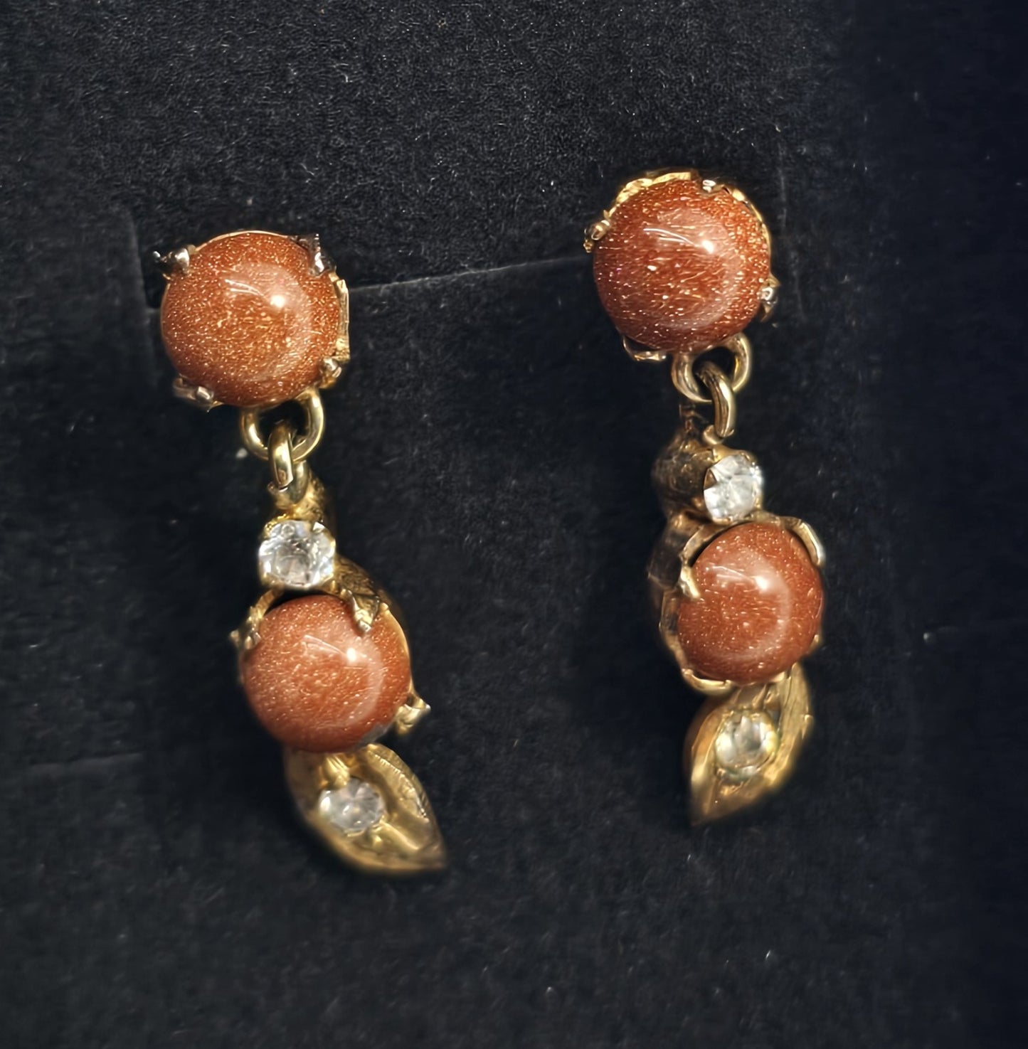 Goldstone yellow gold plated rhinestone drop vintage earrings