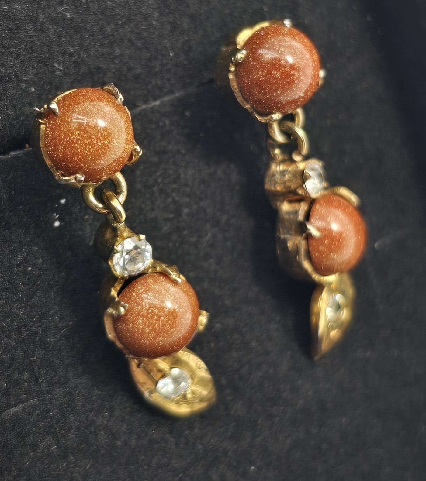 Goldstone yellow gold plated rhinestone drop vintage earrings