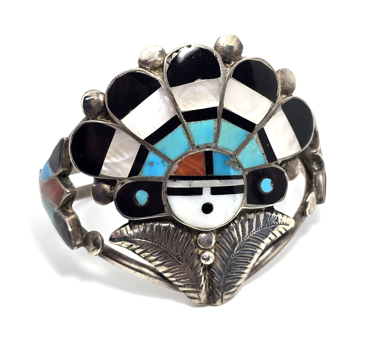 Zuni Sun Face Native American Sterling Silver multi gemstone inlay cuff bracelet
