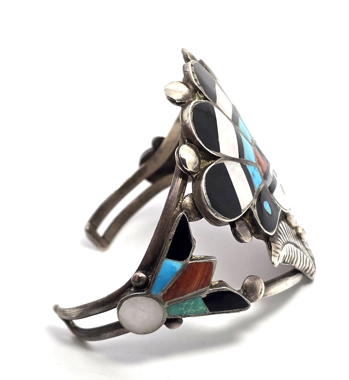 Zuni Sun Face Native American Sterling Silver multi gemstone inlay cuff bracelet