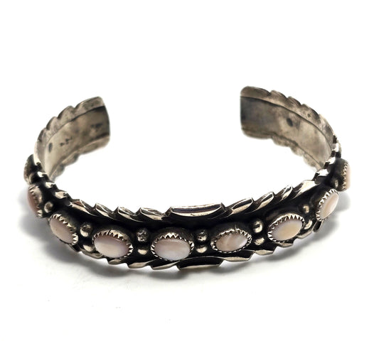 Pink slipper shell Native American vintage sterling silver MOP vintage cuff bracelet