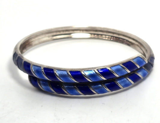 David Andersen Sterling Silver Norway Blue Guilloche Enamel bypass bracelet
