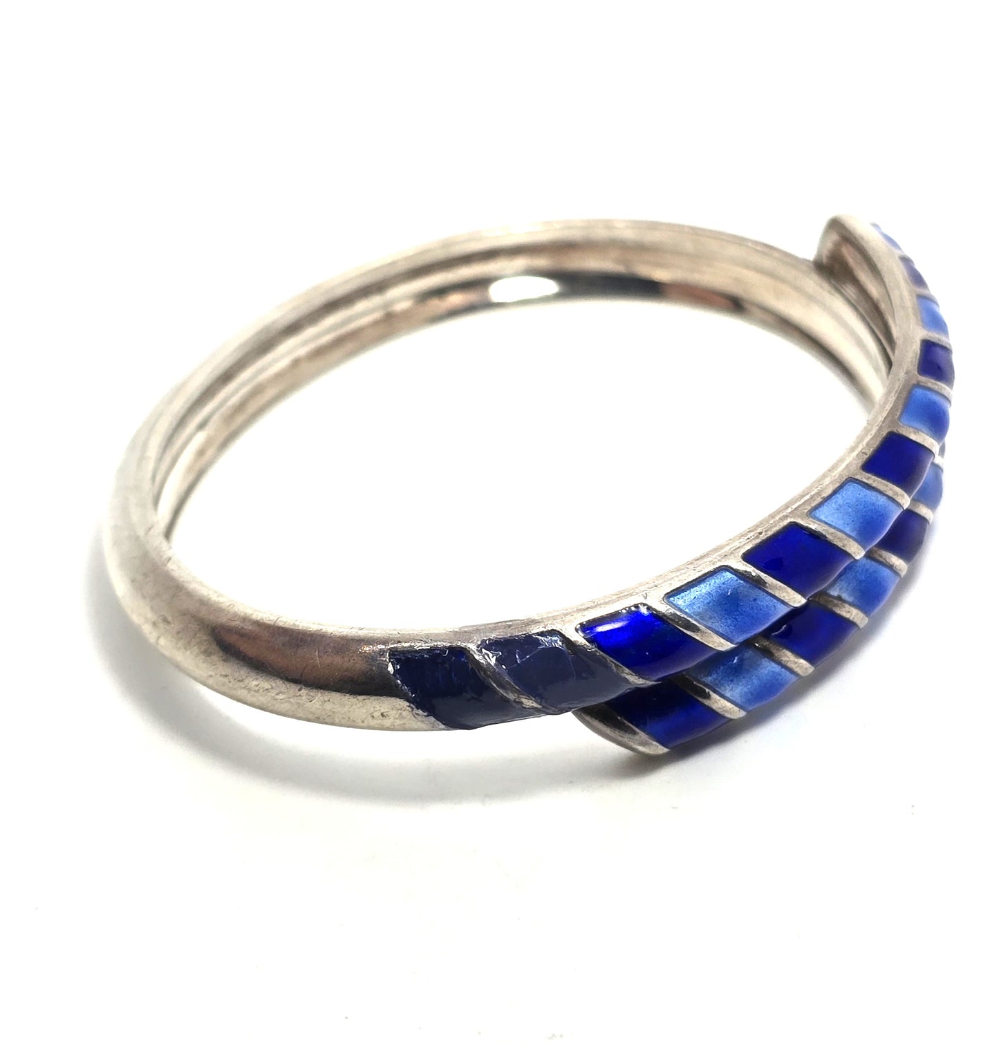 David Andersen Sterling Silver Norway Blue Guilloche Enamel bypass bracelet