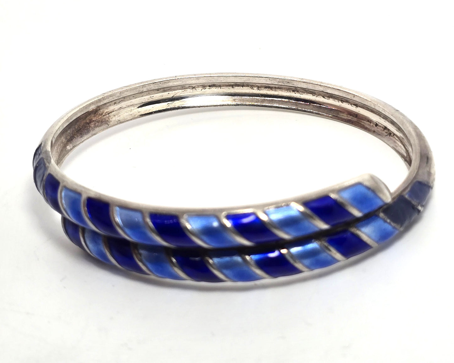 David Andersen Sterling Silver Norway Blue Guilloche Enamel bypass bracelet