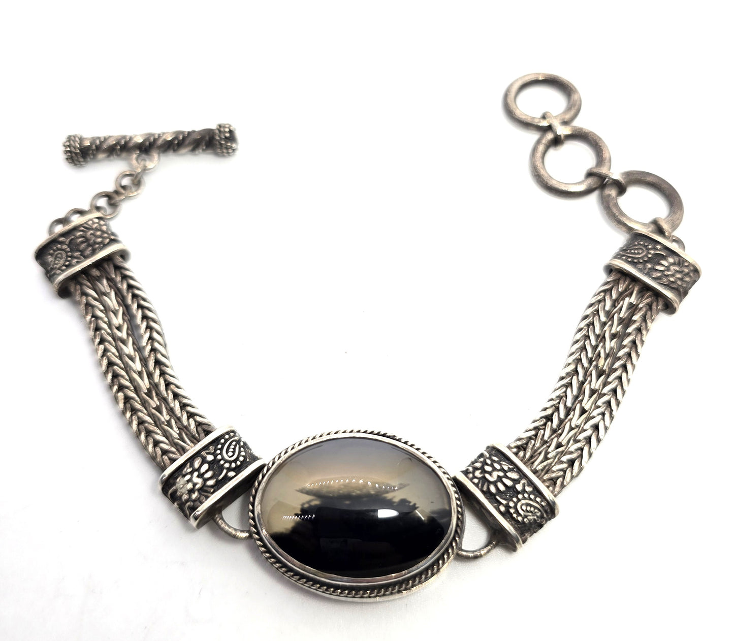 Lori Bonn Agate foxtail 3 chain sterling silver vintage bracelet Balinese toggle bracelet