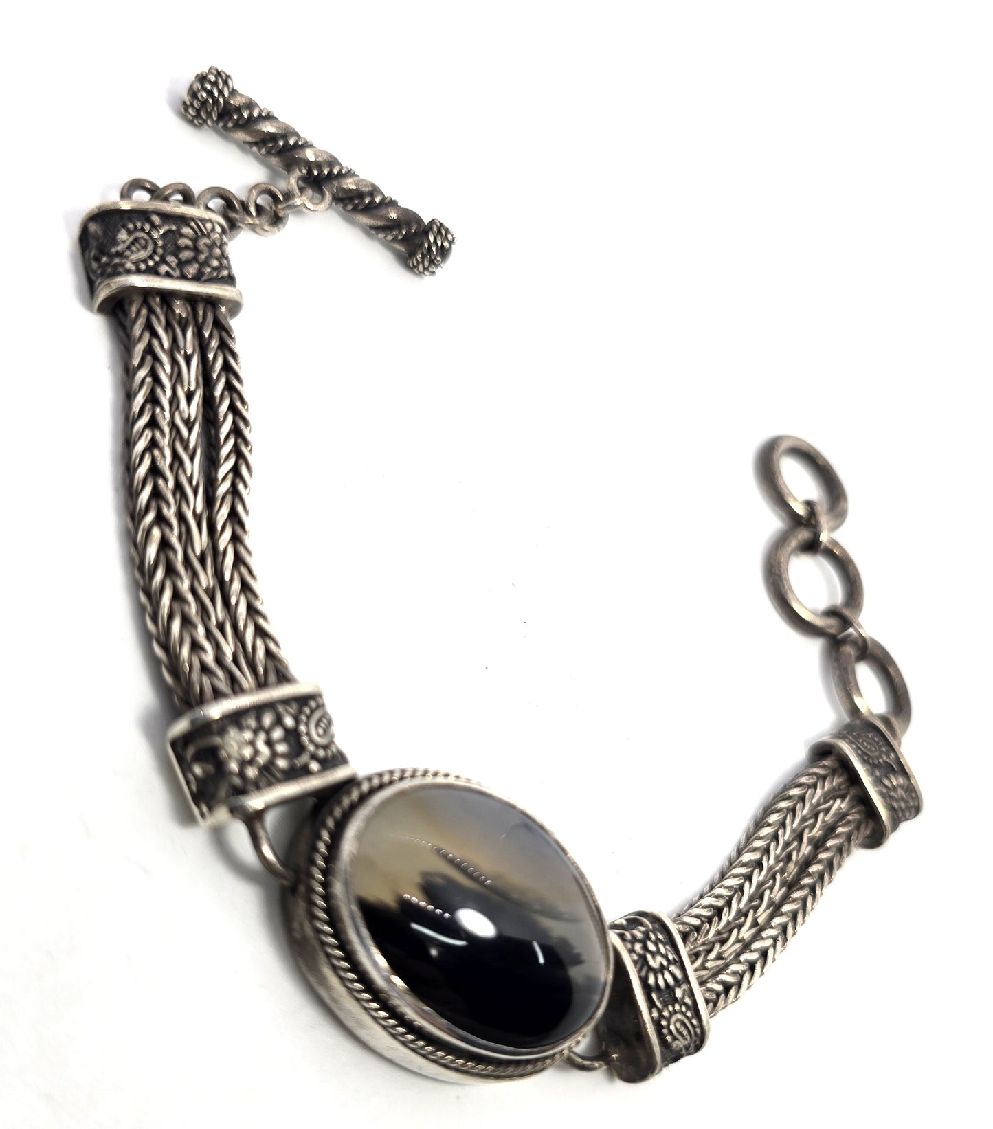 Lori Bonn Agate foxtail 3 chain sterling silver vintage bracelet Balinese toggle bracelet