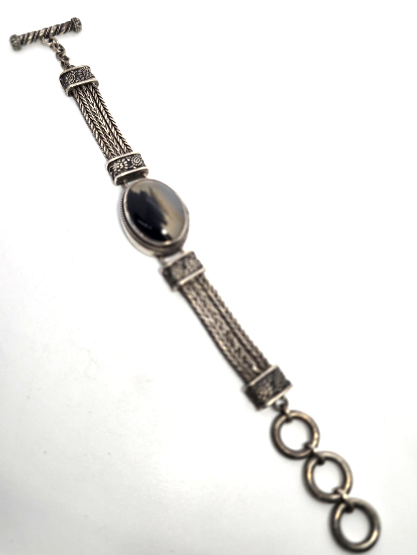 Lori Bonn Agate foxtail 3 chain sterling silver vintage bracelet Balinese toggle bracelet