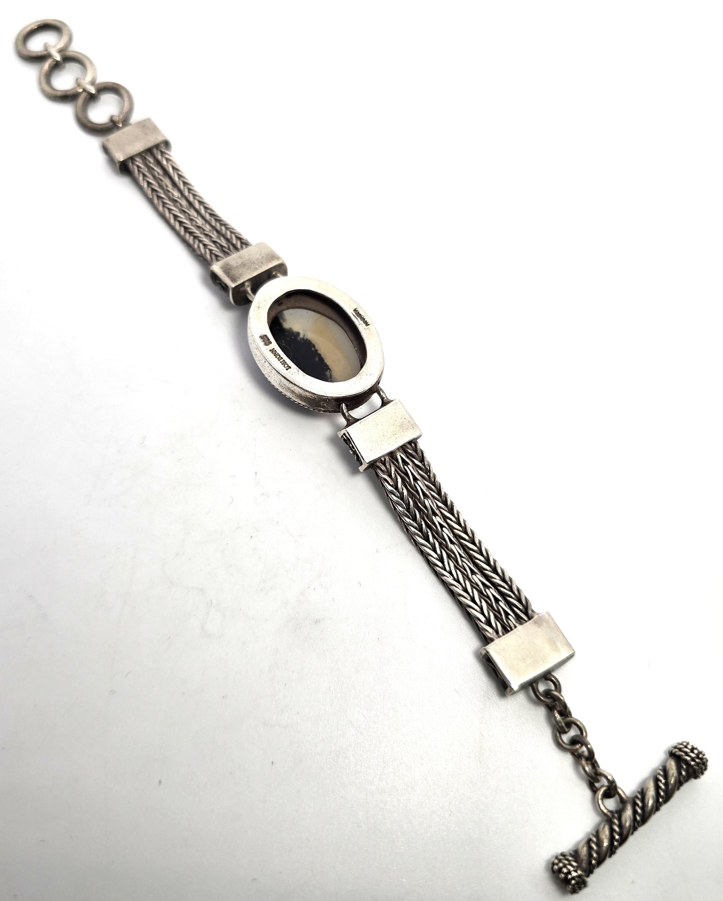 Lori Bonn Agate foxtail 3 chain sterling silver vintage bracelet Balinese toggle bracelet