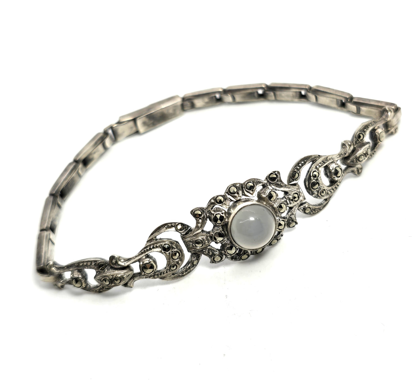 Silver Moonstone marcasite Art Deco stretch sterling silver antique bracelet