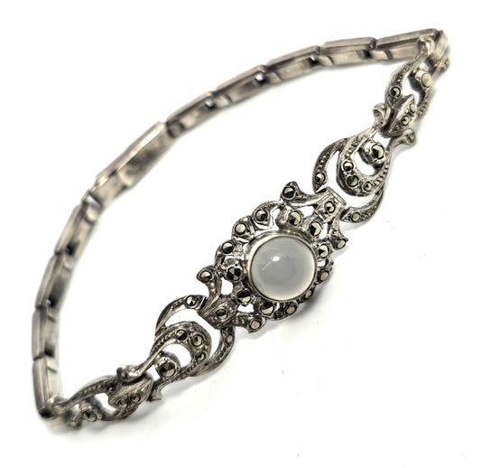 Silver Moonstone marcasite Art Deco stretch sterling silver antique bracelet
