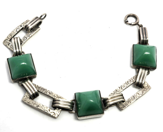 Antique Green onyx Art Deco embossed link sterling silver 6.5 inch bracelet